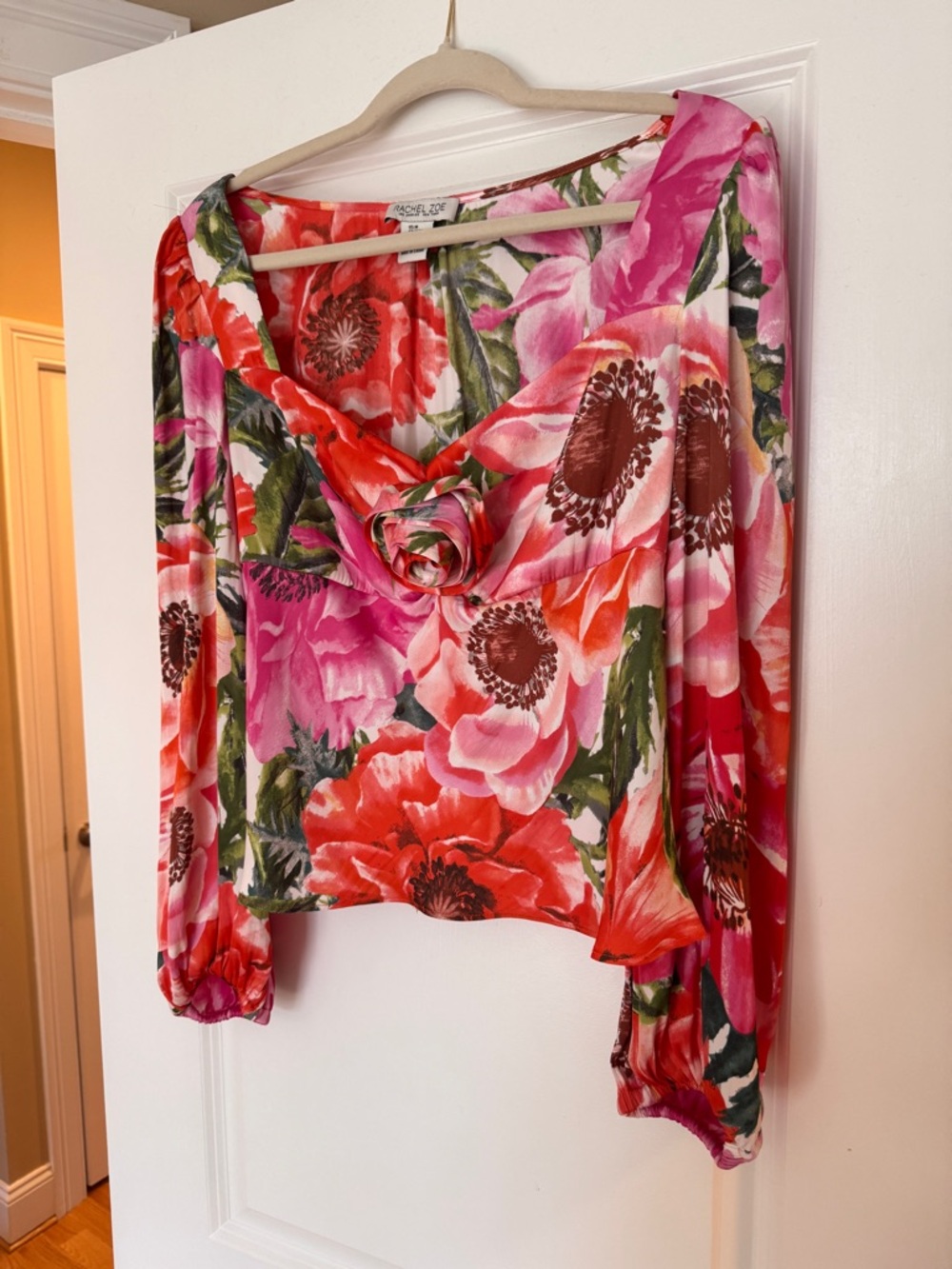 Rachel Zoe Pink & Red Floral V-Neck Blouse with Rosette